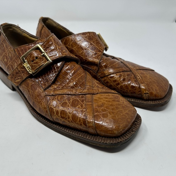 Mens David Eden Genuine Alligator Crocodile Shoes 8.5 Tan Monk Strap Loafers - Picture 1 of 9